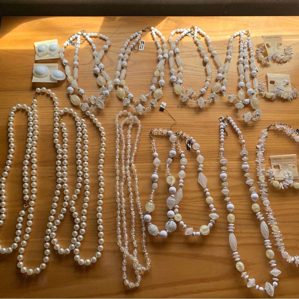 Lot of White & Cream Beaded Lucite Statement Necklace Sets - Vintage 18 pieces